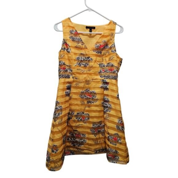 Banana Republic Yellow Sheer Stripe Fit and Flare Dress Floral Resort Sz 10p 10